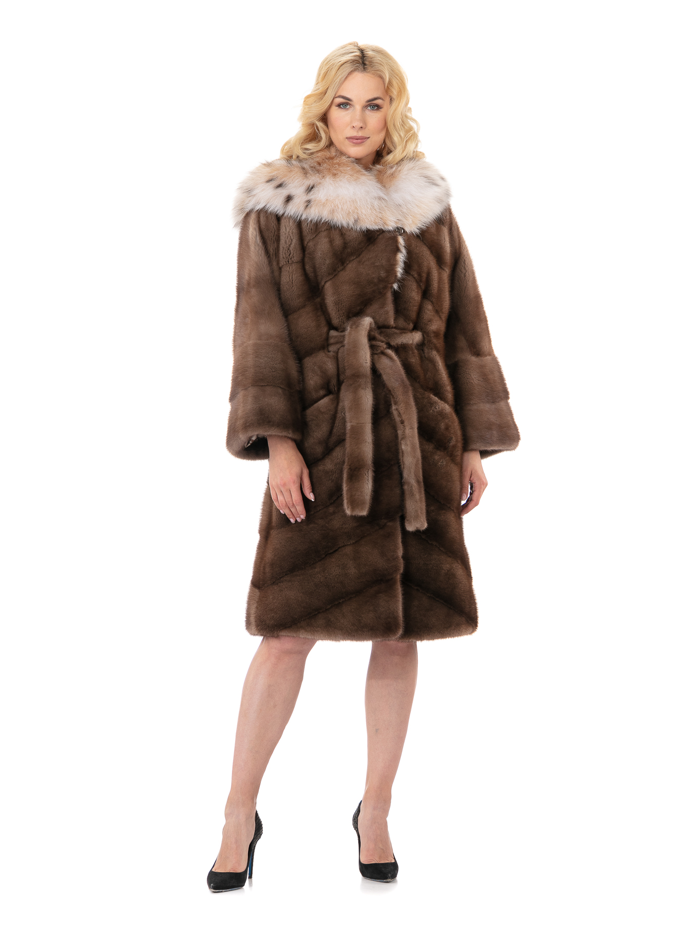 Женское пальто из меха норки с капюшоном, отделка из меха рыси